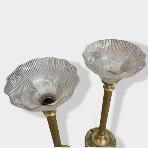 PAIR OF BRASS AND HOLOPHANE UPLIGHTER LAMPS - ADDITIONAL PHOTO 1