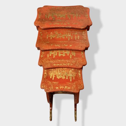 CRUSTY NEST OF 4 CHINESE RED LACQUERED TABLES - ADDITIONAL PHOTO 3