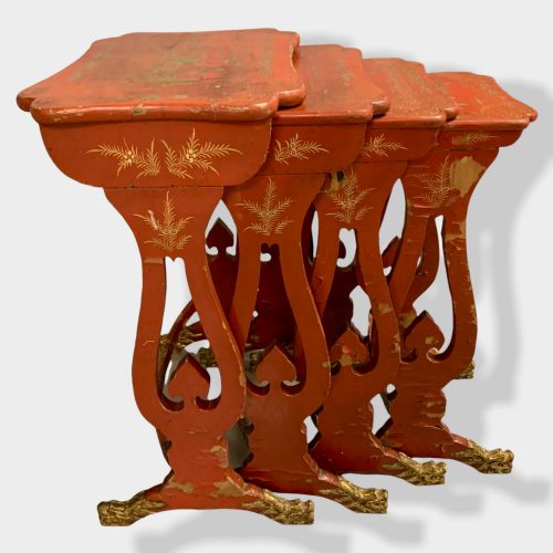 CRUSTY NEST OF 4 CHINESE RED LACQUERED TABLES - ADDITIONAL PHOTO 5