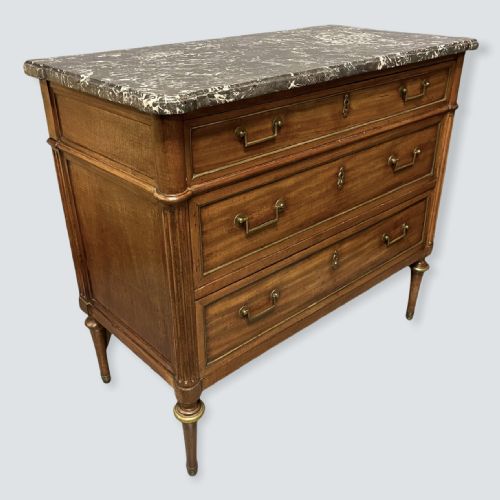 FRENCH WALNUT AND BRASS INLAID MARBLE TOP COMMODE - ADDITIONAL PHOTO 1