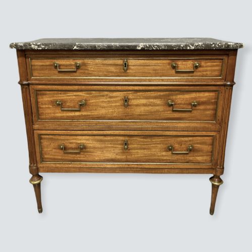 FRENCH WALNUT AND BRASS INLAID MARBLE TOP COMMODE - ADDITIONAL PHOTO 2
