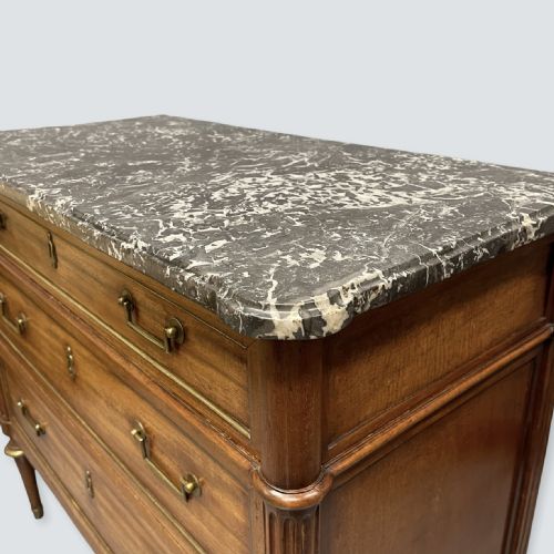 FRENCH WALNUT AND BRASS INLAID MARBLE TOP COMMODE - ADDITIONAL PHOTO 3