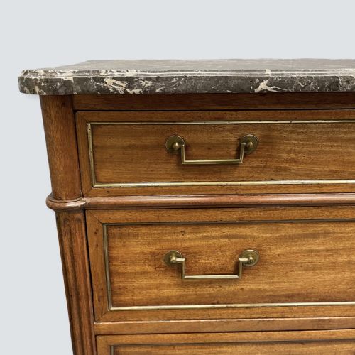 FRENCH WALNUT AND BRASS INLAID MARBLE TOP COMMODE - ADDITIONAL PHOTO 5