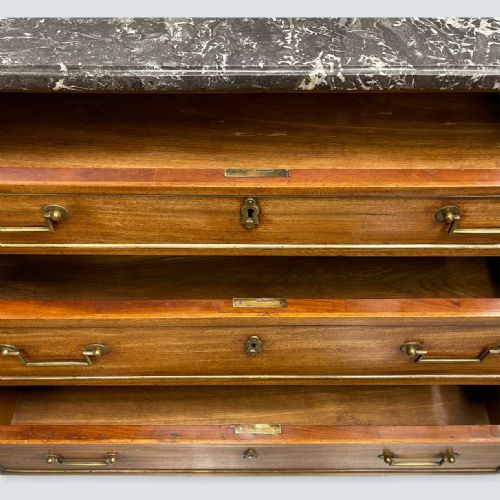 FRENCH WALNUT AND BRASS INLAID MARBLE TOP COMMODE - ADDITIONAL PHOTO 6