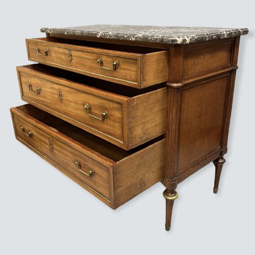 FRENCH WALNUT AND BRASS INLAID MARBLE TOP COMMODE - ADDITIONAL PHOTO 7