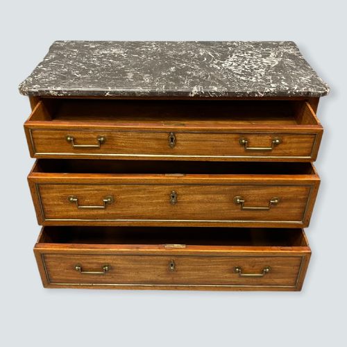 FRENCH WALNUT AND BRASS INLAID MARBLE TOP COMMODE - ADDITIONAL PHOTO 8
