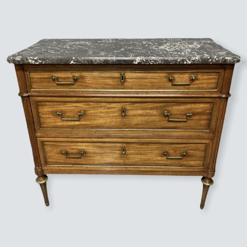 FRENCH WALNUT AND BRASS INLAID MARBLE TOP COMMODE - ADDITIONAL PHOTO 9