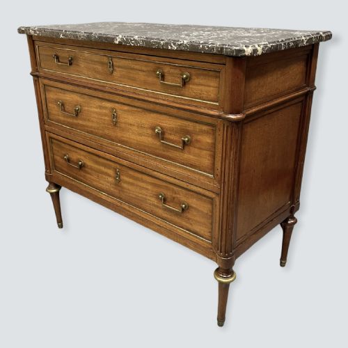 FRENCH WALNUT AND BRASS INLAID MARBLE TOP COMMODE - ADDITIONAL PHOTO 10