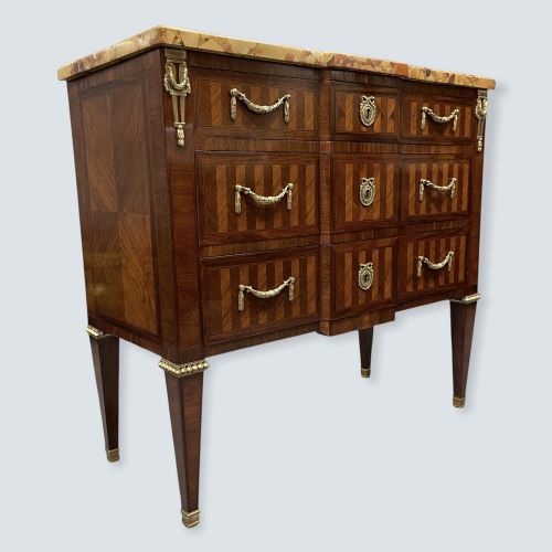 FRENCH MARBLE TOP COMMODE WITH HERRINGBONE PARQUETRY - ADDITIONAL PHOTO 1