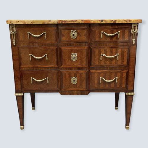 french marble top commode with herringbone parquetry - CATEGORY: ANTIQUE CHEST OF DRAWERS - DATED 19TH CENTURY