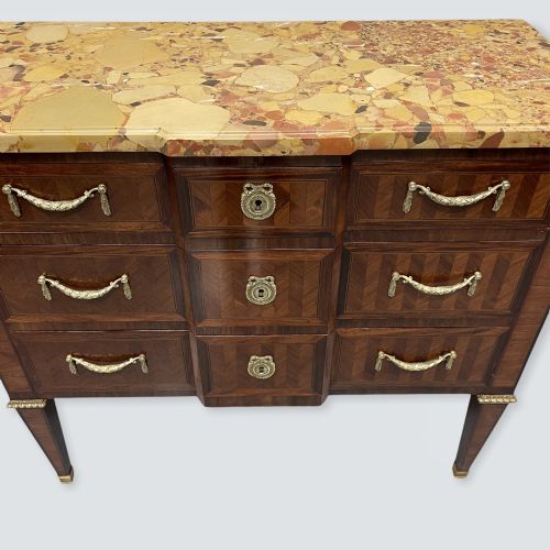 FRENCH MARBLE TOP COMMODE WITH HERRINGBONE PARQUETRY - ADDITIONAL PHOTO 3