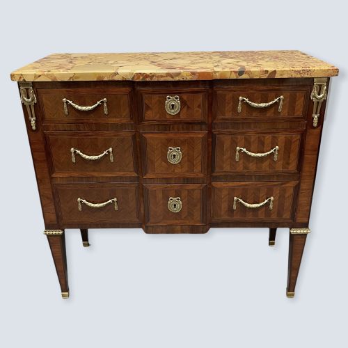 FRENCH MARBLE TOP COMMODE WITH HERRINGBONE PARQUETRY - ADDITIONAL PHOTO 7