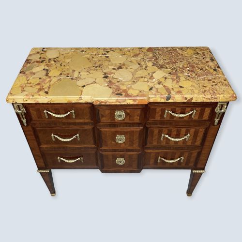 FRENCH MARBLE TOP COMMODE WITH HERRINGBONE PARQUETRY - ADDITIONAL PHOTO 11