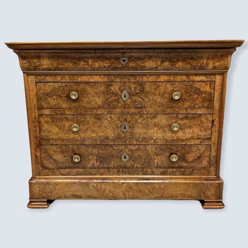 burr walnut french commode with wood top - CATEGORY: ANTIQUE CHEST OF DRAWERS - DATED 19TH CENTURY