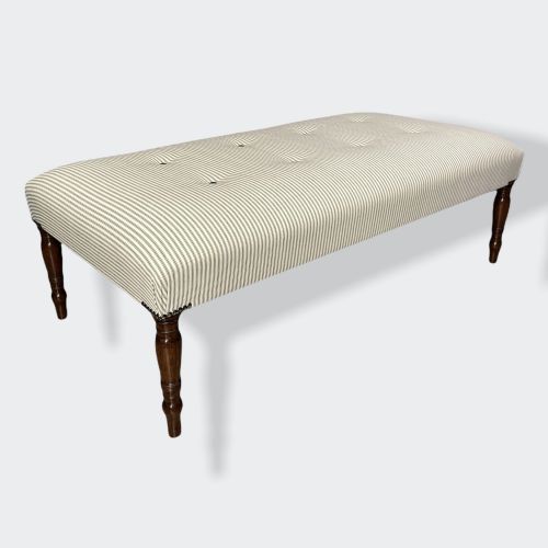 large buttoned ticking stripe low footstool - CATEGORY: ANTIQUE STOOLS - DATED 19TH CENTURY