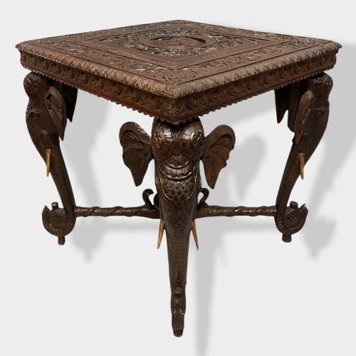 anglo indian carved elephant square side table - CATEGORY: ANTIQUE TABLES - DATED 19TH CENTURY