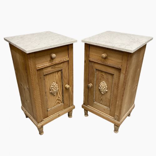 pair of continental pine and marble top bedside cabinets - CATEGORY: ANTIQUE CUPBOARDS - DATED 1900
