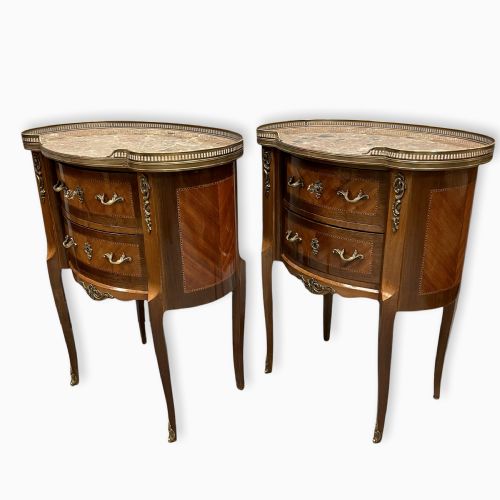 pair of large french inlaid bedside lamp tables with marble tops - CATEGORY: ANTIQUE CUPBOARDS - DATED 1920