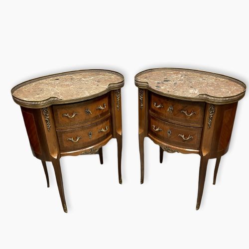 PAIR OF LARGE FRENCH INLAID BEDSIDE LAMP TABLES WITH MARBLE TOPS - ADDITIONAL PHOTO 9