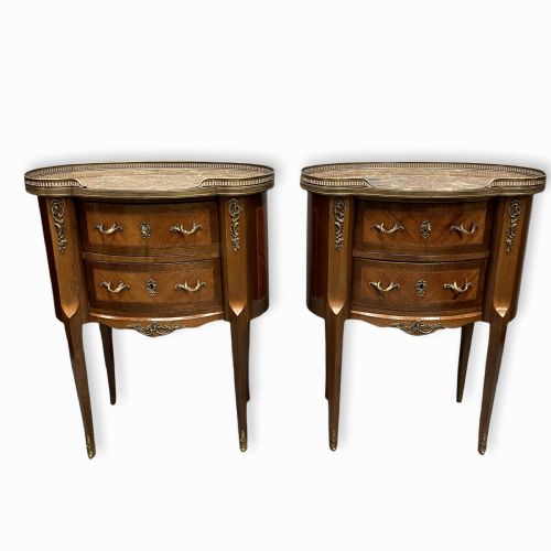 PAIR OF LARGE FRENCH INLAID BEDSIDE LAMP TABLES WITH MARBLE TOPS - ADDITIONAL PHOTO 11
