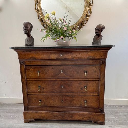 burr walnut and inlaid marble top commode - CATEGORY: ANTIQUE CHEST OF DRAWERS - DATED 19TH CENTURY