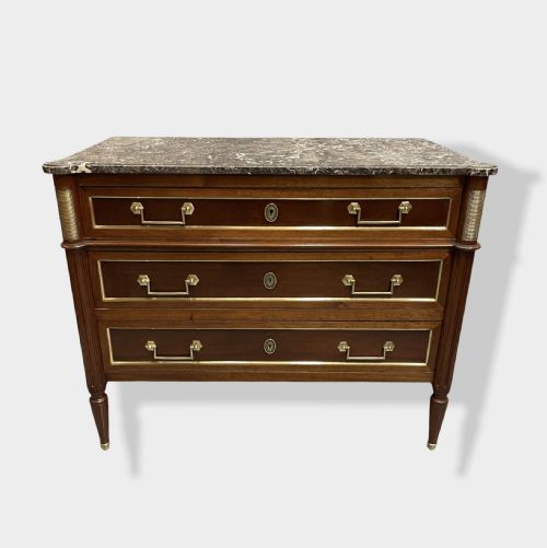 mahogany and brass inlaid directoire marble top commode - CATEGORY: ANTIQUE CHEST OF DRAWERS - DATED 19TH CENTURY