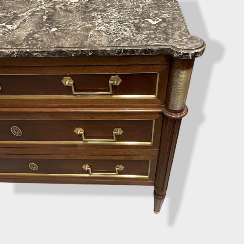 MAHOGANY AND BRASS INLAID DIRECTOIRE MARBLE TOP COMMODE - ADDITIONAL PHOTO 1