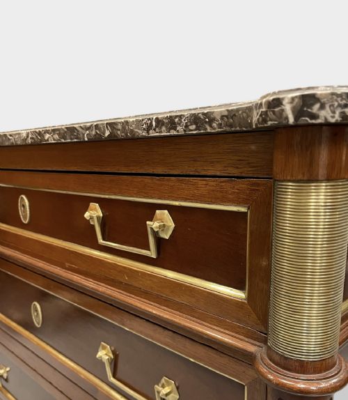 MAHOGANY AND BRASS INLAID DIRECTOIRE MARBLE TOP COMMODE - ADDITIONAL PHOTO 2