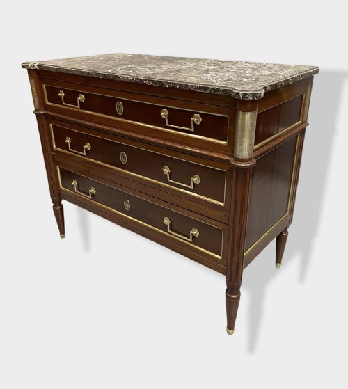 MAHOGANY AND BRASS INLAID DIRECTOIRE MARBLE TOP COMMODE - ADDITIONAL PHOTO 3