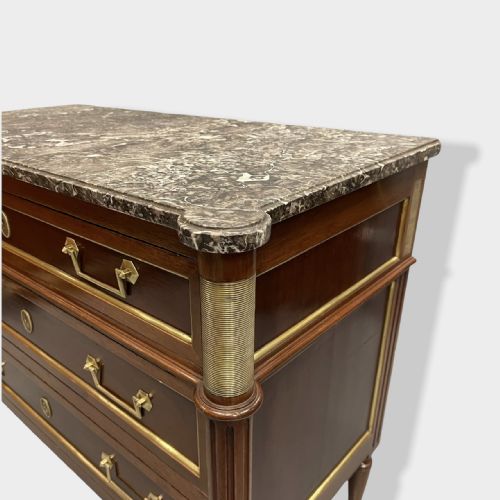 MAHOGANY AND BRASS INLAID DIRECTOIRE MARBLE TOP COMMODE - ADDITIONAL PHOTO 4
