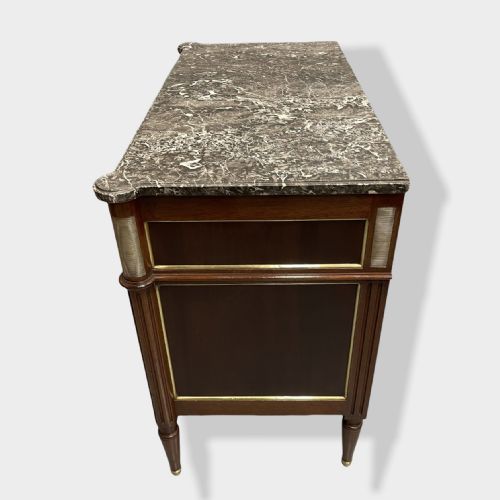 MAHOGANY AND BRASS INLAID DIRECTOIRE MARBLE TOP COMMODE - ADDITIONAL PHOTO 6
