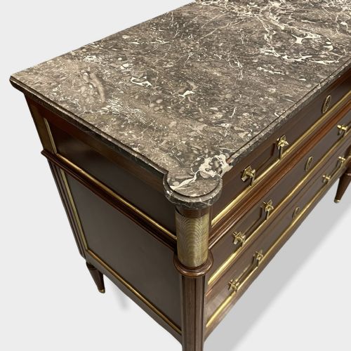 MAHOGANY AND BRASS INLAID DIRECTOIRE MARBLE TOP COMMODE - ADDITIONAL PHOTO 7