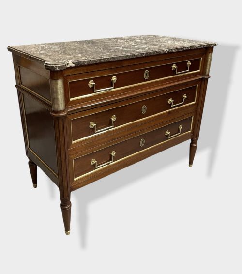 MAHOGANY AND BRASS INLAID DIRECTOIRE MARBLE TOP COMMODE - ADDITIONAL PHOTO 9
