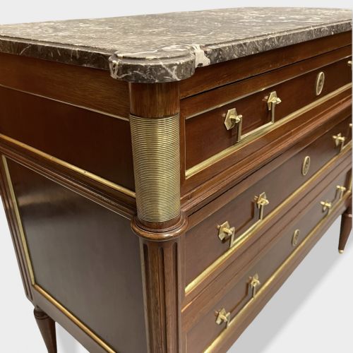 MAHOGANY AND BRASS INLAID DIRECTOIRE MARBLE TOP COMMODE - ADDITIONAL PHOTO 10