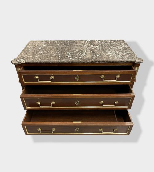 MAHOGANY AND BRASS INLAID DIRECTOIRE MARBLE TOP COMMODE - ADDITIONAL PHOTO 13