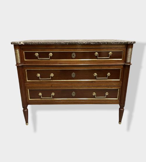 MAHOGANY AND BRASS INLAID DIRECTOIRE MARBLE TOP COMMODE - ADDITIONAL PHOTO 14