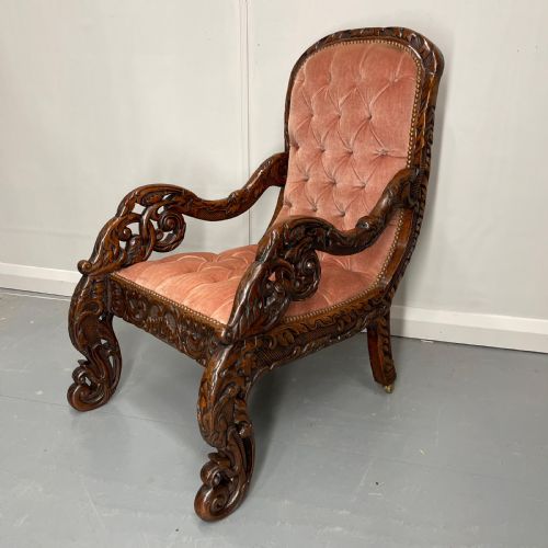 carved walnut button back armchair - CATEGORY: ANTIQUE CHAIRS - DATED 19TH CENTURY