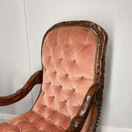CARVED WALNUT BUTTON BACK ARMCHAIR - ADDITIONAL PHOTO 2