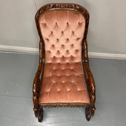 CARVED WALNUT BUTTON BACK ARMCHAIR - ADDITIONAL PHOTO 4