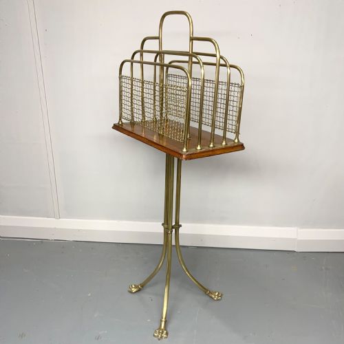 Brass and Oak Revolving Magazine Rack on Claw Feet