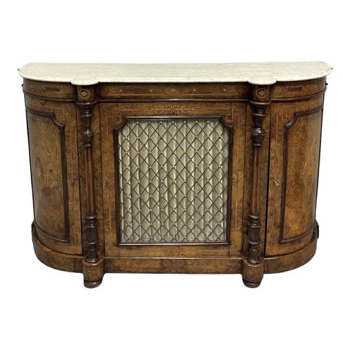 burr walnut and marquetry credenza with marble top - CATEGORY: ANTIQUE SIDEBOARDS - DATED 19TH CENTURY