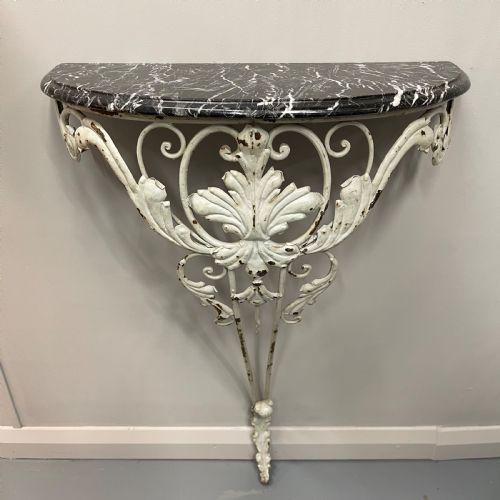 french marble top wrought iron demi lune console table - CATEGORY: ANTIQUE TABLES - DATED 1890