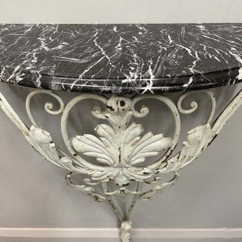 FRENCH MARBLE TOP WROUGHT IRON DEMI LUNE CONSOLE TABLE - ADDITIONAL PHOTO 2