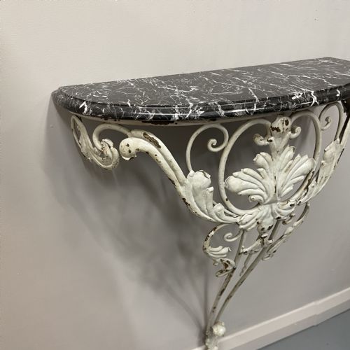 FRENCH MARBLE TOP WROUGHT IRON DEMI LUNE CONSOLE TABLE - ADDITIONAL PHOTO 3