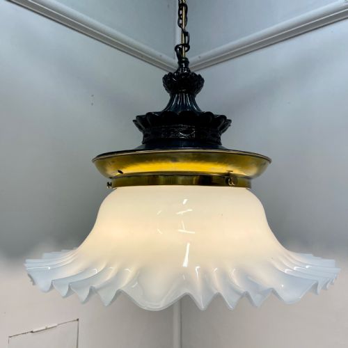 large victorian hanging pendant light with milk glass shade - CATEGORY: ANTIQUE LIGHTING - DATED VICTORIAN