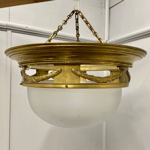 french empire brass frosted glass hanging shade - CATEGORY: ANTIQUE LIGHTING - DATED 1930