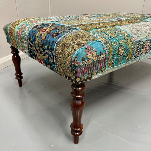 LARGE INDIAN PATCHWORK TAPESTRY FOOTSTOOL - ADDITIONAL PHOTO 2