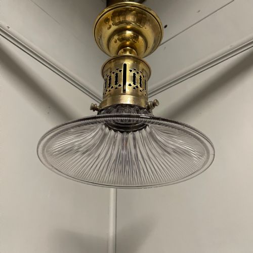 ELEGANT BRASS AND HOLOPHANE SHADE HANGING LIGHT - ADDITIONAL PHOTO 1