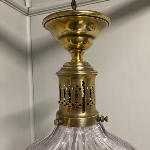 ELEGANT BRASS AND HOLOPHANE SHADE HANGING LIGHT - ADDITIONAL PHOTO 2