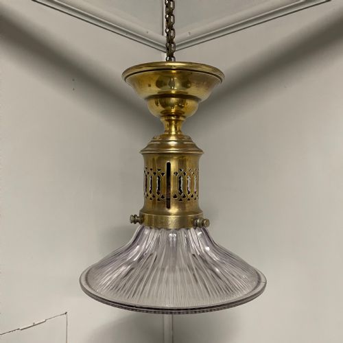 ELEGANT BRASS AND HOLOPHANE SHADE HANGING LIGHT - ADDITIONAL PHOTO 6
